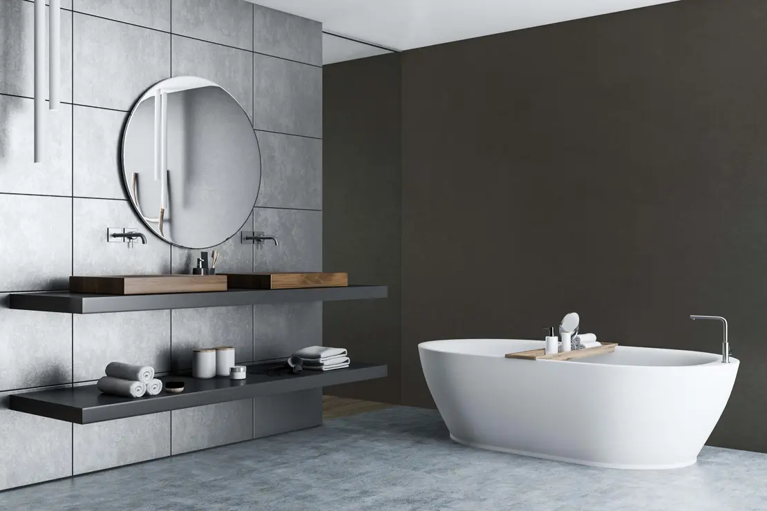 Salle de bain avec des murs en béton ciré gris foncé Salle de bain avec des murs en béton ciré gris foncé